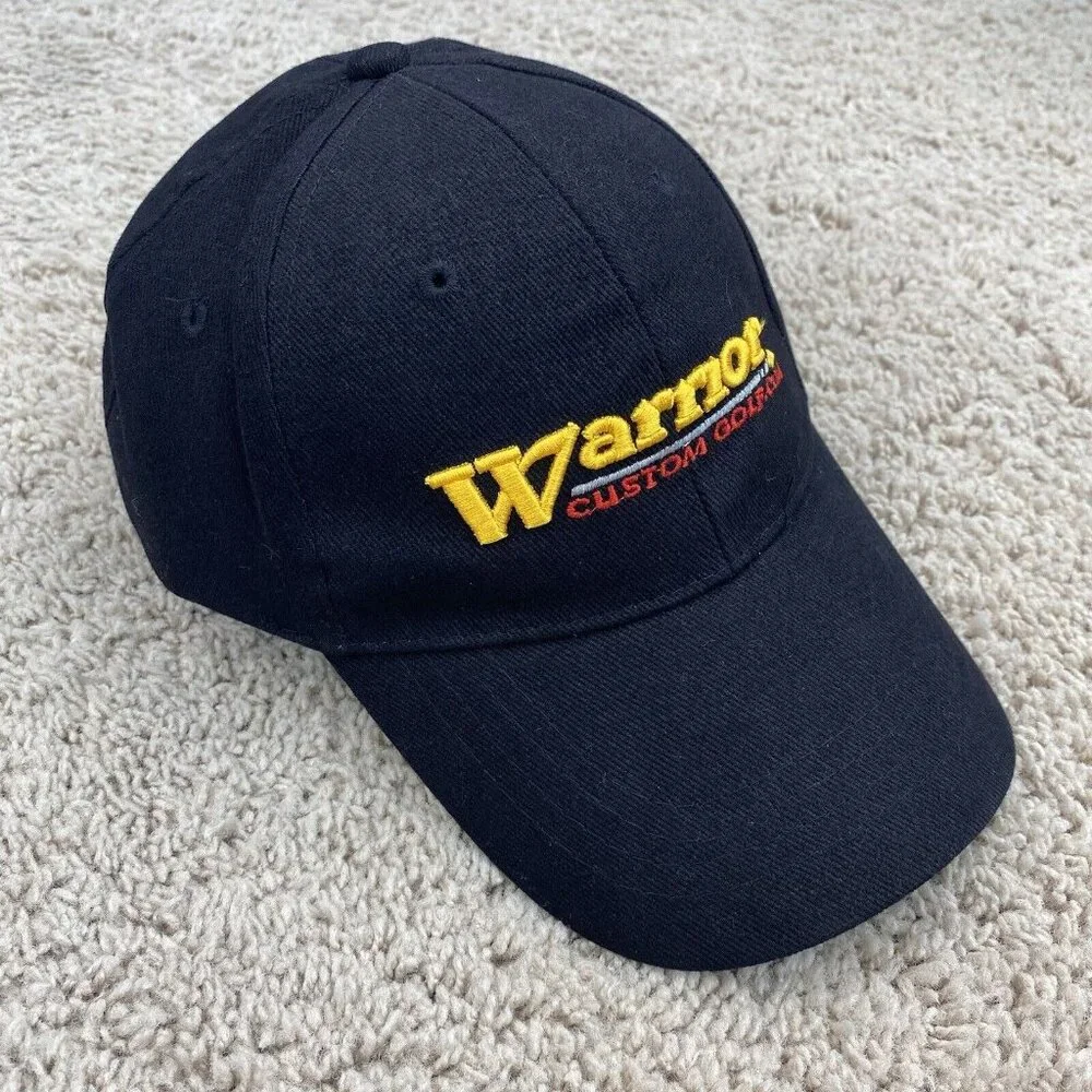Warrior Custom Golf Hat Black / Gold Script Adjustable Strap Side “W” Cotton Cap
